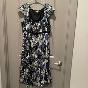Per Una Marks & Spencer Floral Midi Dress Size 18 Blue Black Lined Zip Back